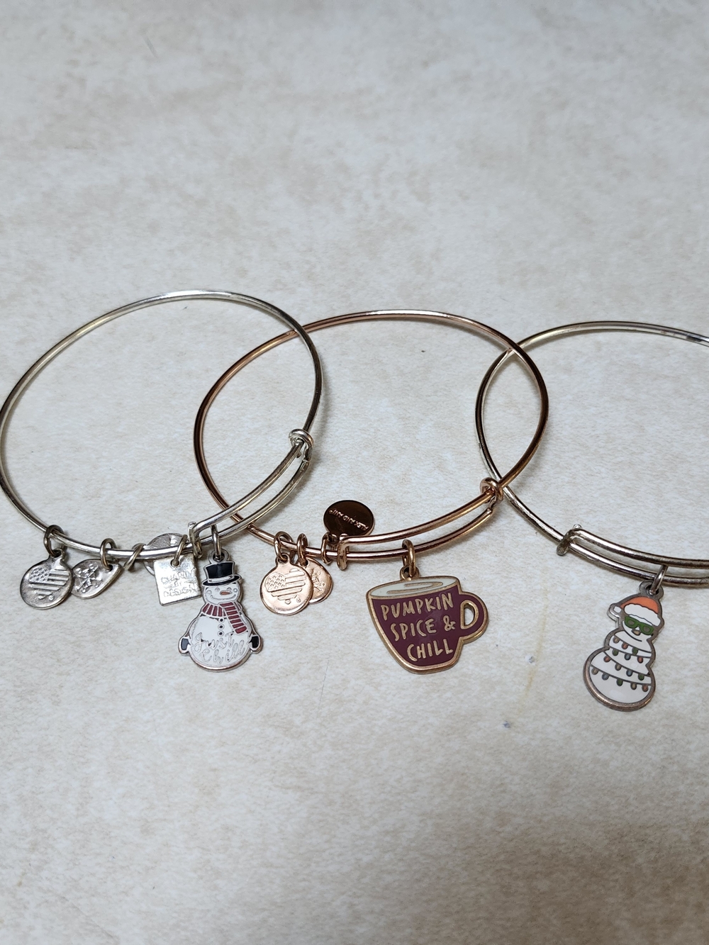 Alex and Ani Rose Gold and Silver Holiday Charm Bangle Set Of 3